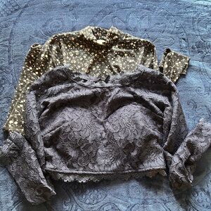 2 Women's Black Lace Long-Sleeve Crop Top